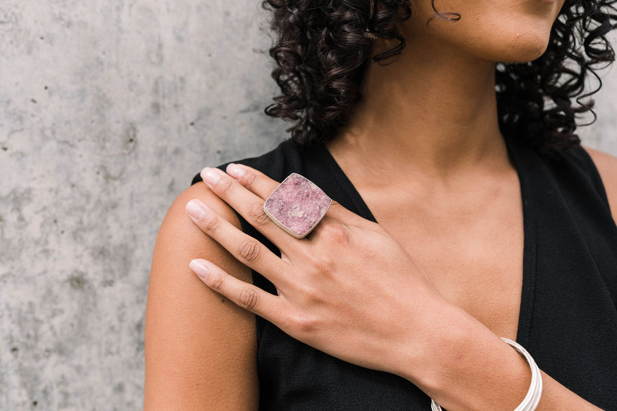 Cobalt calcite - Pink Drusy Silver Ring