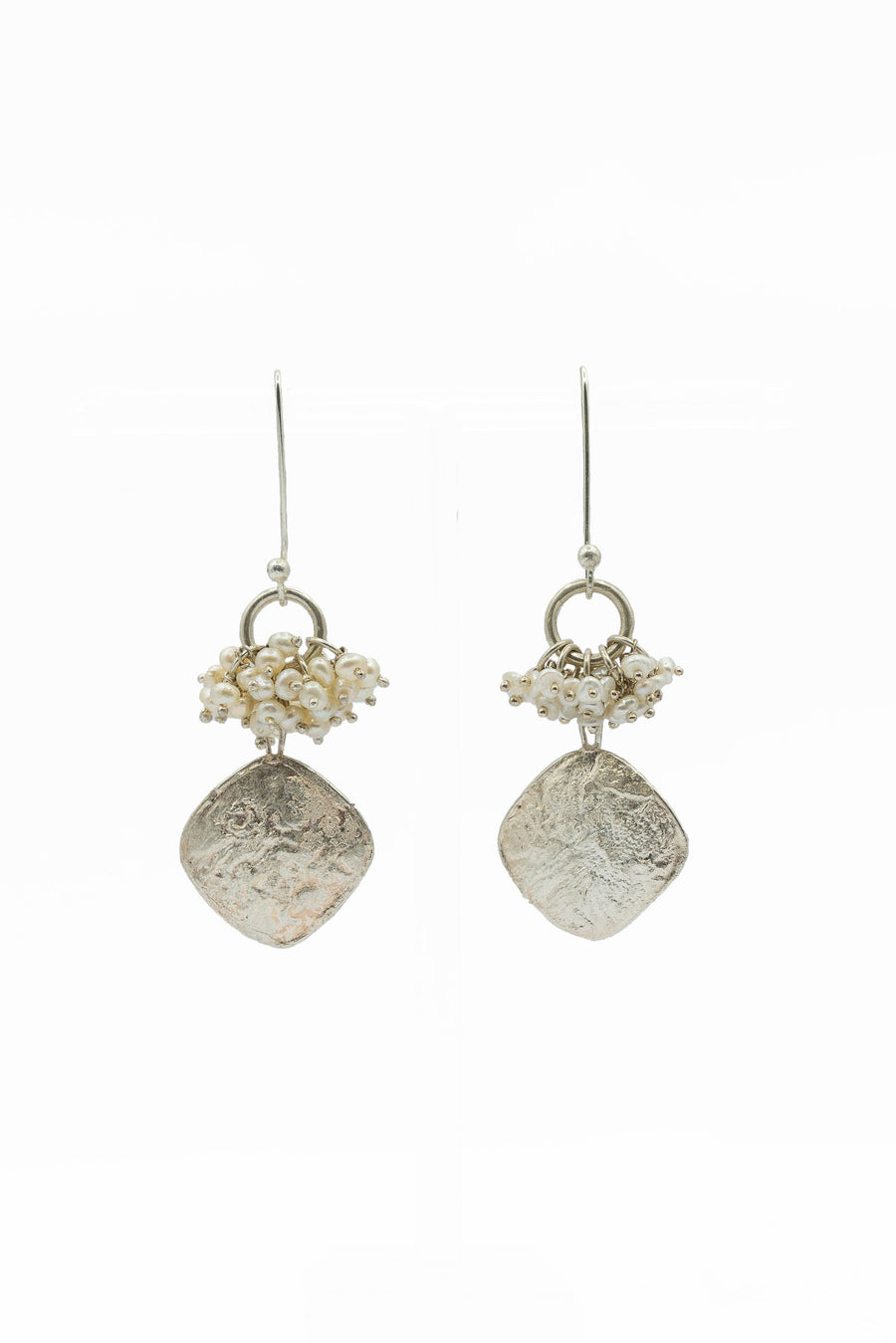 Cluster of pearl and reticulated silver earrings