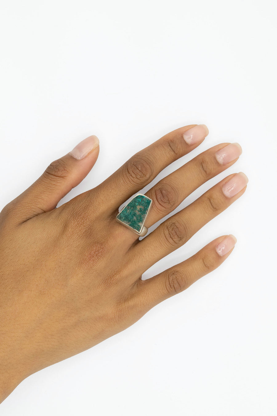 Dioptase Drusy and silver adjustable ring.